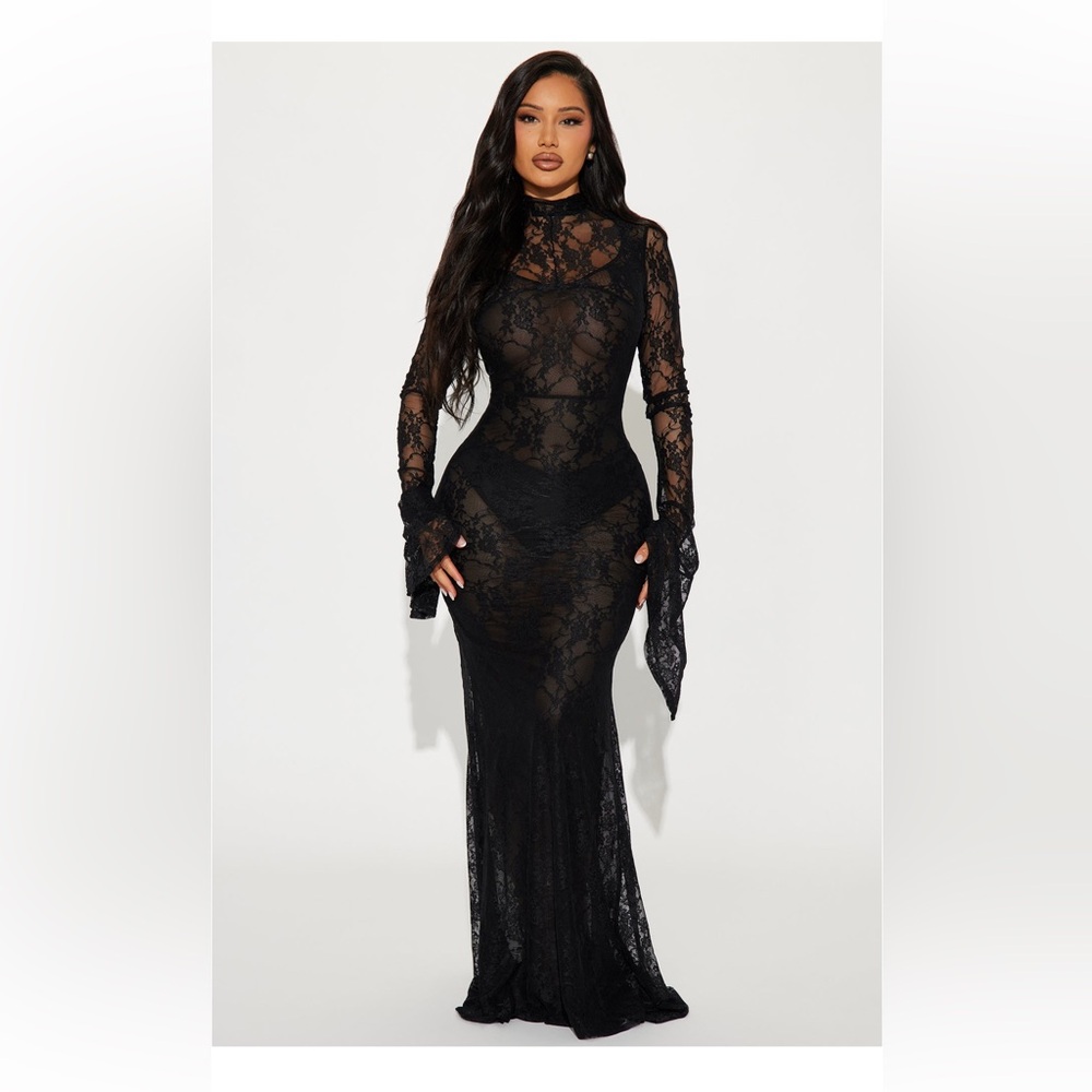 Fashion Nova Black Maxi Lace Bell Sleeve Gown